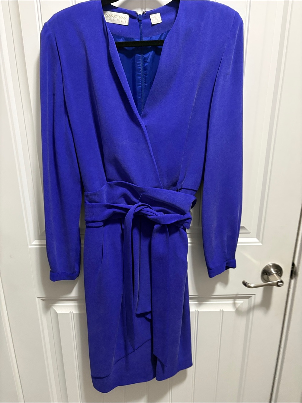 Vintage Dana Buchman 100% Silk Cobalt Blue Belted Midi Dress 12